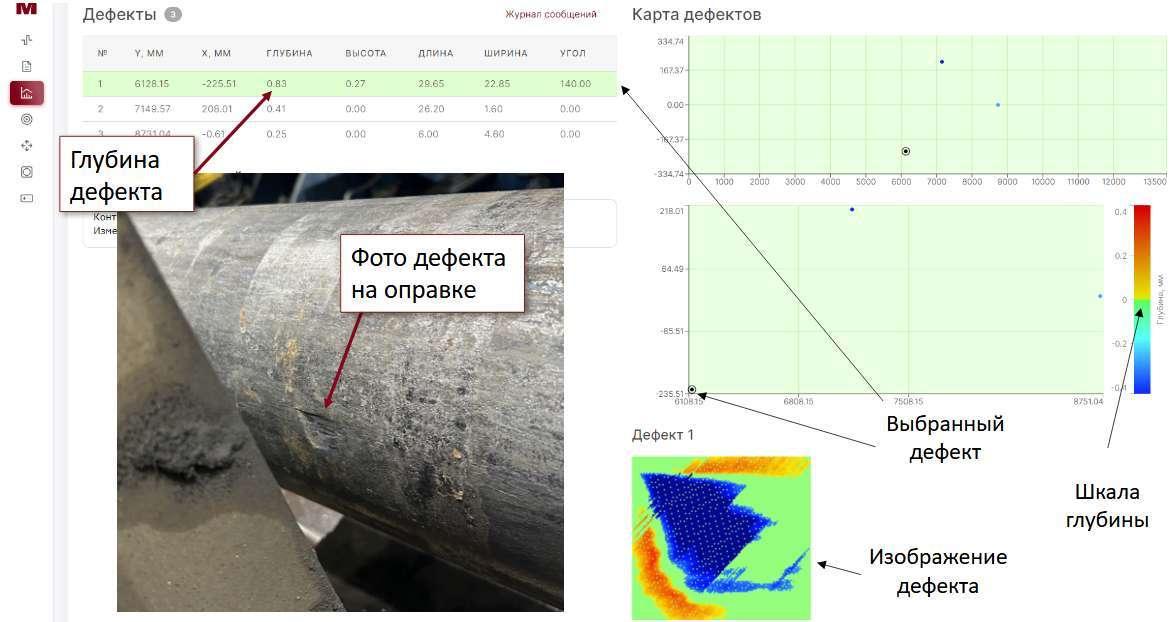результат контроля оправки с дефектом